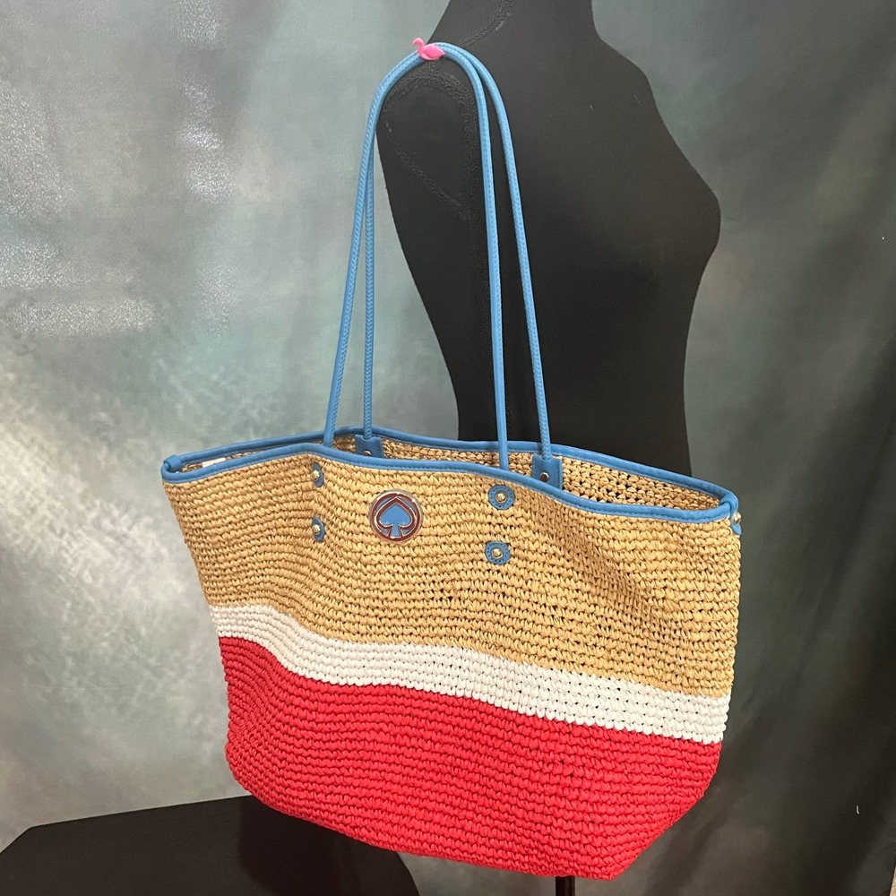 Kate Spade Majorica Straw Tote‎ Bag Colorblock Raffia Blue Trim with Pouch